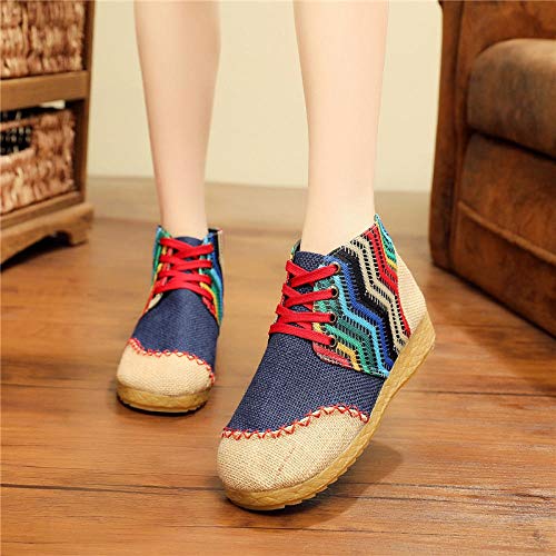 YYYSHOPP Zapatos Bordados Botas de Colores de Las Mujeres Estilo étnico Zapatos Hechos a Mano de Lino cómodos Planos Zapatos Viejos de Pekín bajo-Top Bordado Mary Janes (Color : Blue, Size : 4.5)