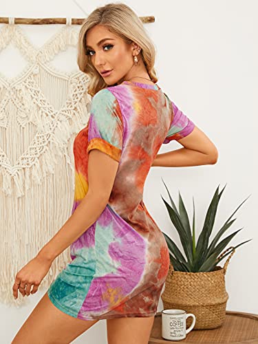 ZANZEA Vestidos Mujer Verano Casual T-Shirt Mini Vestido Tie Dye Manga Corta Nudo Torcido Playa Túnicas Camisas 03-Naranja 36