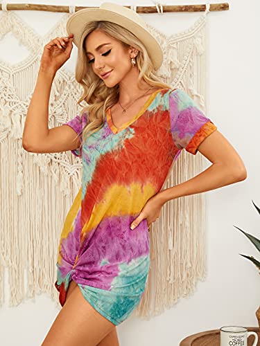 ZANZEA Vestidos Mujer Verano Casual T-Shirt Mini Vestido Tie Dye Manga Corta Nudo Torcido Playa Túnicas Camisas 03-Naranja 36