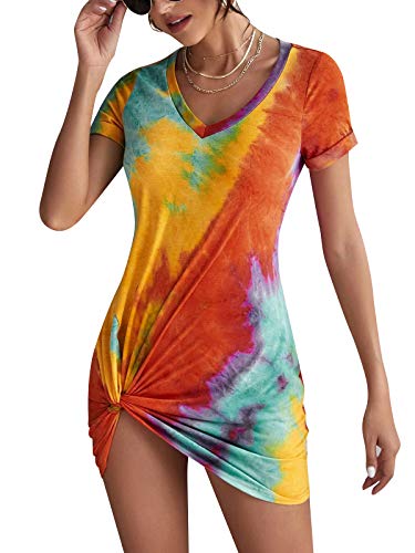 ZANZEA Vestidos Mujer Verano Casual T-Shirt Mini Vestido Tie Dye Manga Corta Nudo Torcido Playa Túnicas Camisas 03-Naranja 36