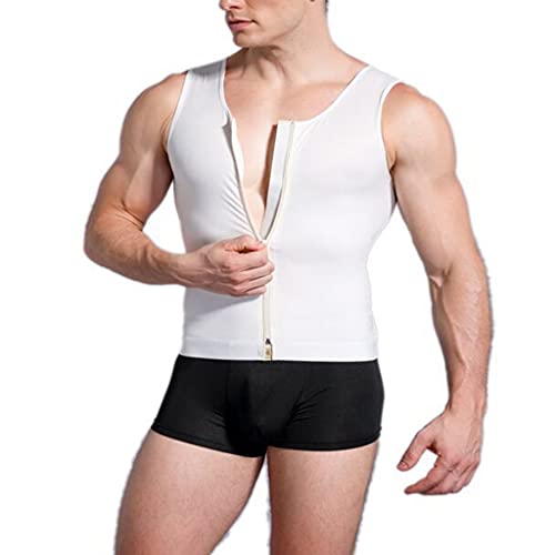 ZAYZ Fajas de los Hombres Compresión Camisa de Liposucción Control de Barriga Chaleco Apretado Adelgazar Escultor de Cuerpo Ocultar Camiseta de Pecho con Cremallera (Color : Weiß, Size : XL)