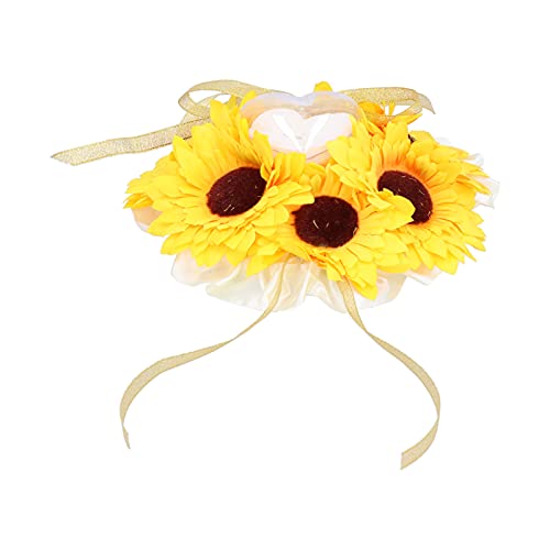 Zopsc-1 Almohada De Anillo De Bodas, Tela De Girasol Elegante Almohada De Anillo Amarilla Flor con Funda En Forma De Corazón para Intercambio De Anillo