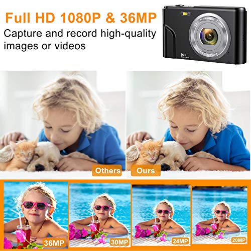 ZORNIK 1080P Cámaras Digitales, Cámara Compacta 2.4 Pulgadas LCD Recargable HD 36 Megapíxeles Zoom Digital 16x, Estudiantes para Adultos/Mayores/Niños (Negro-1080P)