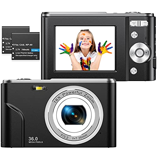 ZORNIK 1080P Cámaras Digitales, Cámara Compacta 2.4 Pulgadas LCD Recargable HD 36 Megapíxeles Zoom Digital 16x, Estudiantes para Adultos/Mayores/Niños (Negro-1080P)