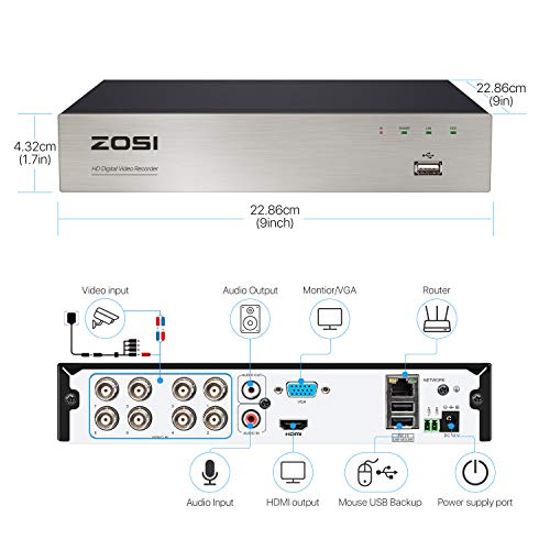 ZOSI 8 Canales H.265+ 1080P Videograbador DVR para Kit Cámara de Vigilancia Seguridad, Alarma de Movimiento, 2TB Disco Duro