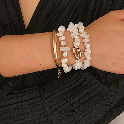 Zuiaidess Pulseras para Mujer,Brazalete Ajustable Exagerada Personalidad Vintage Turquesa Blanco Simple Piedra Natural Pulseras Codo Shell para Niñas Mujer Joyería Pulsera De Desgaste Cotidiano