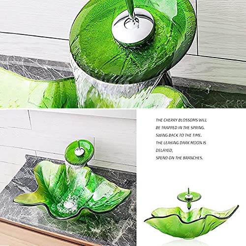 Zxqiang Lavabo Lavabo De Vidrio Templado,Lavabo De Hoja Verde,Lavabo sobre Encimera De Arte Creativo,Lavabo De Vidrio Templado para Baño (59 * 38 * 15,5 Cm),Green-C