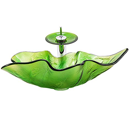 Zxqiang Lavabo Lavabo De Vidrio Templado,Lavabo De Hoja Verde,Lavabo sobre Encimera De Arte Creativo,Lavabo De Vidrio Templado para Baño (59 * 38 * 15,5 Cm),Green-C