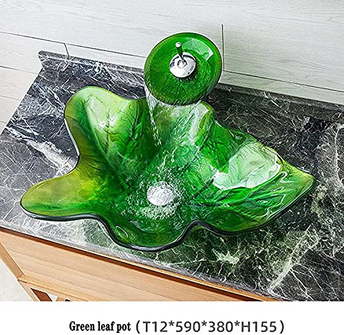 Zxqiang Lavabo Lavabo De Vidrio Templado,Lavabo De Hoja Verde,Lavabo sobre Encimera De Arte Creativo,Lavabo De Vidrio Templado para Baño (59 * 38 * 15,5 Cm),Green-C