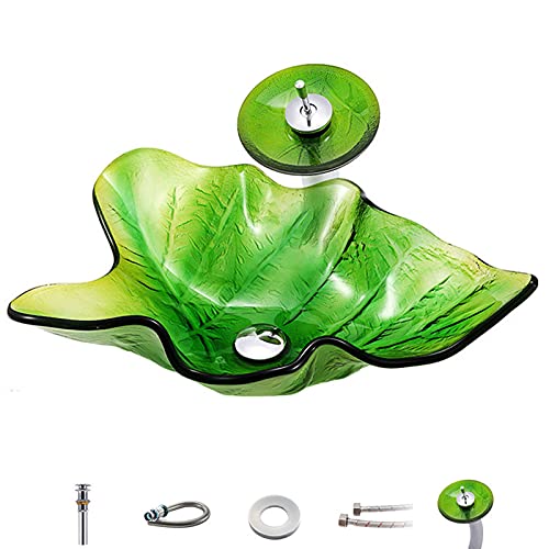 Zxqiang Lavabo Lavabo De Vidrio Templado,Lavabo De Hoja Verde,Lavabo sobre Encimera De Arte Creativo,Lavabo De Vidrio Templado para Baño (59 * 38 * 15,5 Cm),Green-C