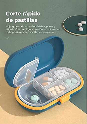 1 Pastillero con Cortador de Pastillas, Caja de Pastillas con 4 Compartimentos – Tomas, Organizador Medicación de Plástico ABS Portátil de tamaño Bolsillo - Verde