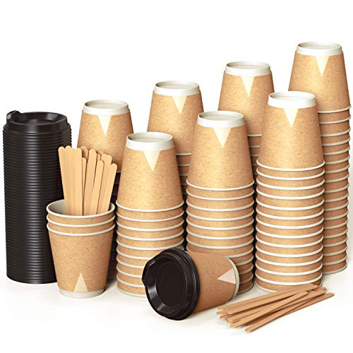 100 Kraft Vasos Desechables 240 ml de Doble Pared de Café para Llevar - Vasos Carton con Tapas y Agitadores de Madera para Servir el Café, el Té, Bebidas Calientes y Frías