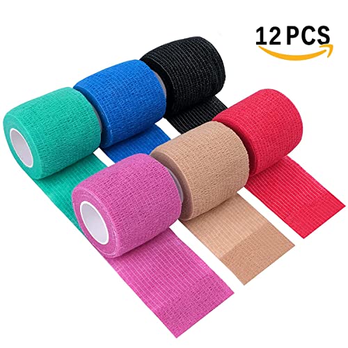 12 Rollos Vendajes Deportivos Autoadhesivos, Vendajes Elástico Adhesivo, Vendaje Neuromuscular, Kinesiology Tape, Cinta de Primeros Auxilios, para Deportes, Esguinces de Muñeca y Tobillo, Mascotas