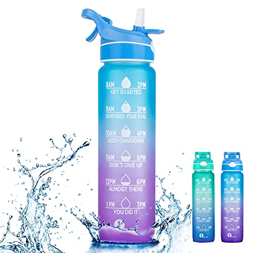 1byone 1 Litro Botella de Agua, botella con spray, motivational water bottle con pajita, A Prueba de Fugas, sin BPA, con Cepillo de Limpieza, para Deporte, Escuela, Yoga, fitness