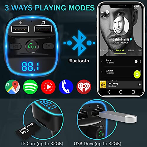 [2021 Versión] LENCENT Transmisor FM Bluetooth para Coche, Manos Libres Inalámbrico Reproductor MP3 Coche, Adaptador de Radio con Dual USB 5V/2.4A & 1A, Soporte Tarjetas SD, USB, y Flash Drive