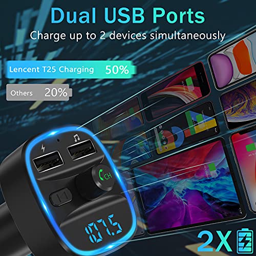 [2021 Versión] LENCENT Transmisor FM Bluetooth para Coche, Manos Libres Inalámbrico Reproductor MP3 Coche, Adaptador de Radio con Dual USB 5V/2.4A & 1A, Soporte Tarjetas SD, USB, y Flash Drive