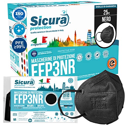 25 mascarillas FFP3 certificadas CE Color Negro Made in Italy logo SICURA en relieve PFE ≥99% BFE ≥99% Mascarilla ffp3 higienizada y sellada individualmente Certificación ISO 13485 y 9001