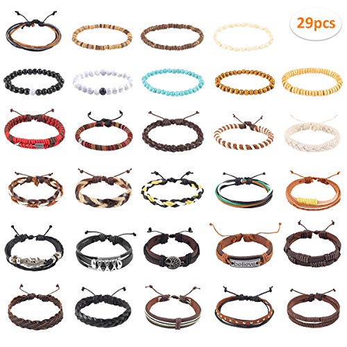 29 Piezas Cuero Pulseras Árbol de la Vida para Hombres Mujer Trenzado Pulsera Cuentas de Madera Cuerda Brazalet Vintage Pulsera Ajustable (joyería)