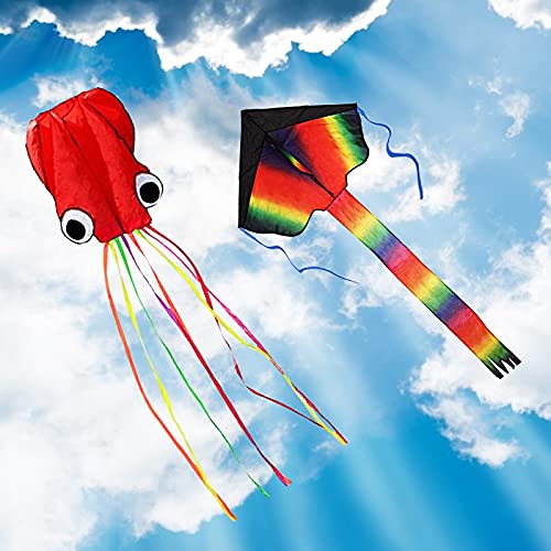 2pcs Cometa de ZoomSky de Iris de Triangular y Pulpo bagre Color Vario Rainbow de Volar con Viento Suave para los niños y Adultos (Triangular y Pulpo)