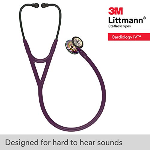 3M Littmann Cardiology IV Fonendoscopio , campana de acabado de alto brillo en arcoíris, tubo color ciruela, vástago violeta y auricular negro, 6239