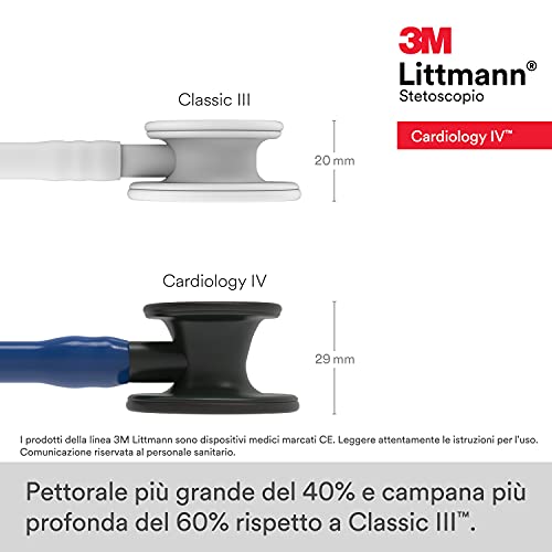 3M Littmann Cardiology IV Fonendoscopio diagnóstico, campana de acabado en color Negro, tubo Azul Marino y vástago y auricular color Negro, 69 cm, 6168