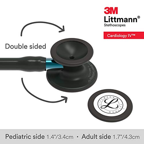 3M Littmann Cardiology IV Fonendoscopio para diagnóstico, campana de acabado Negro, tubo y auricular en color Negro y vástago Azul, 69 cm, 6201