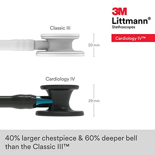 3M Littmann Cardiology IV Fonendoscopio para diagnóstico, campana de acabado Negro, tubo y auricular en color Negro y vástago Azul, 69 cm, 6201