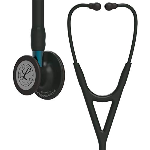 3M Littmann Cardiology IV Fonendoscopio para diagnóstico, campana de acabado Negro, tubo y auricular en color Negro y vástago Azul, 69 cm, 6201