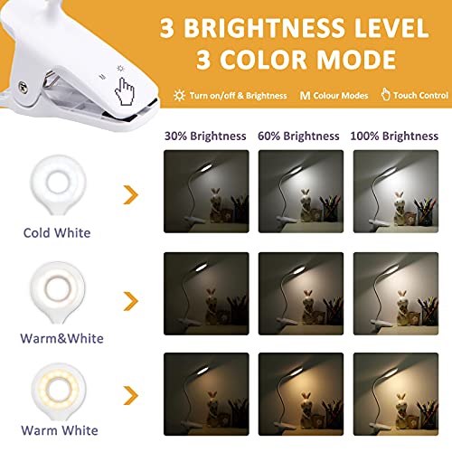 3W Luz Lectura Cabecero Recargable sin Cable, 28 LEDs, Mini Flexo LED Luz Noche Pinza Niño, 3 Colores y 3 Intensidad, Luz Escritorio Pequeña Táctil con Pilas, Luz Alimentación Portatil, Blanco