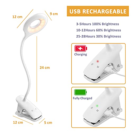 3W Luz Lectura Cabecero Recargable sin Cable, 28 LEDs, Mini Flexo LED Luz Noche Pinza Niño, 3 Colores y 3 Intensidad, Luz Escritorio Pequeña Táctil con Pilas, Luz Alimentación Portatil, Blanco