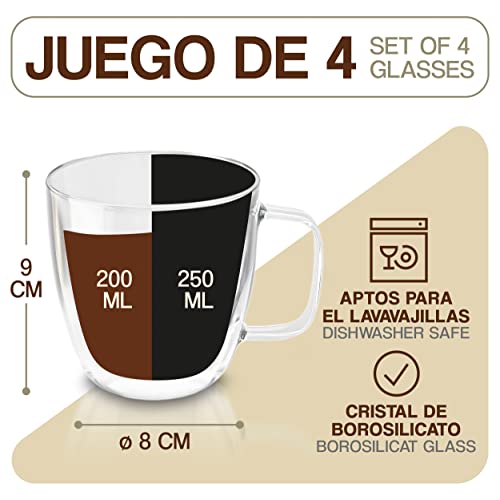 4 Tazas de Doble Cristal con Asa 250ml - Aptas para Lavavajillas - Mantienen el Calor