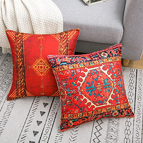 45x45cm Fundas de cojín cuadradas de Algodón Lino Turco Estilo étnicas Funda de Almohada Bohemio Decoración Funda de Cojín con Cremallera Invisible para Sofá Coche Cama Sillas(Juego de 4,Rojo)