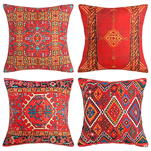 45x45cm Fundas de cojín cuadradas de Algodón Lino Turco Estilo étnicas Funda de Almohada Bohemio Decoración Funda de Cojín con Cremallera Invisible para Sofá Coche Cama Sillas(Juego de 4,Rojo)