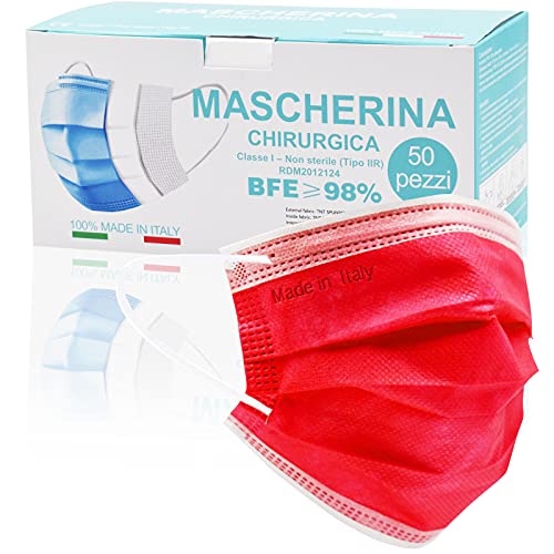 50 Mascarilla Adultos, Mascarillas de Color BFE ≥98%, Mascarillas_Homologadas_3 Capas De Tipo IIR Con Certificado CE, Mascarillas_Alta Eficiencia Filtración (Rojo fuego M12)