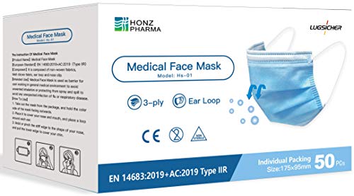 50 piezas de Mascarilla Quirúrgica certificadas CE tipo II-R, EN 14683:2019 + AC:2019, probadas por TÜV Rheinland Alemania, Mascarilla médicas, 3 capas, Empaquetado individualmente