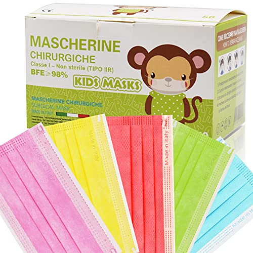 50 Piezas Mascarillas Homologadas Niños BFE≥98%, Mascarilla Infantil Colores Made In Italy, Mascarillas para Niños Tipo IIR y Certificadas CE, Transpirables y Cómodas (N14)