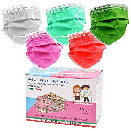 50 Piezas Mascarillas Quirurgicas Niños BFE≥98%, Mascarillas Niños Colores en 3 Capas Made In Italy, Mascarilla Infantil Tipo IIR y Certificadas CE, Transpirables y Cómodas (Multi 2)