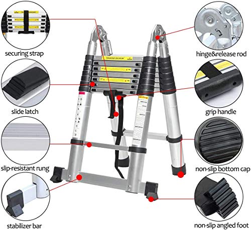 5M Escalera Plegable Aluminio, Escalera Extensión telescópica de aluminio Escaleras Telescópicas, Escalera Alta multifunción Portátil para Loft Escaleras Extensibles, 150kg