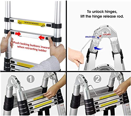 5M Escalera Plegable Aluminio, Escalera Extensión telescópica de aluminio Escaleras Telescópicas, Escalera Alta multifunción Portátil para Loft Escaleras Extensibles, 150kg