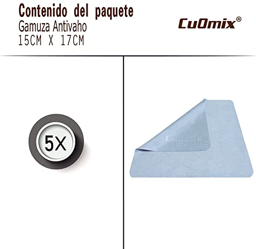 5X Paño antivaho para Gafas, CuOmix Gamuza Premium Microfibra, Toallitas empañado 5-8 Horas de Efecto y 200 Usos - Sin Líquidos Adicionales - Libre de P.F.O.A. - 15x 17cm, Paquete de 5