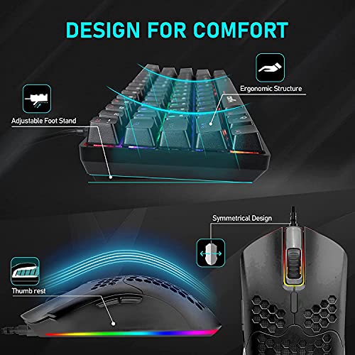 60% Mecánico Juego de ratón con teclado para juegos Tipo C Cableado 61 Teclas Diseño Arco iris LED Retroiluminado USB Teclado impermeable Teclas anti-fantasma + Ratones RGB livianos 6400DPI