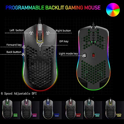 60% Mecánico Juego de ratón con teclado para juegos Tipo C Cableado 61 Teclas Diseño Arco iris LED Retroiluminado USB Teclado impermeable Teclas anti-fantasma + Ratones RGB livianos 6400DPI