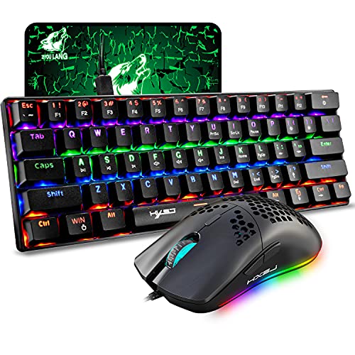 60% Mecánico Juego de ratón con teclado para juegos Tipo C Cableado 61 Teclas Diseño Arco iris LED Retroiluminado USB Teclado impermeable Teclas anti-fantasma + Ratones RGB livianos 6400DPI