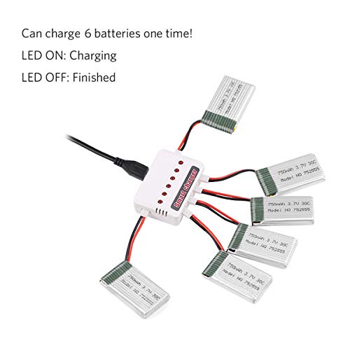 6pcs 1S 3.7V 750mAh Lipo batería 30C con Cargador 6 en 1 Carga rápida Inteligente para Syma X5A X5SW X5C X5C-1 RC Quadcopter Drone Repuestos