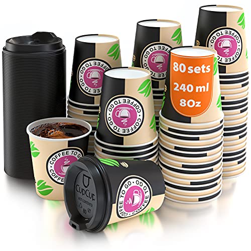 80 Vasos Desechables de Café Para Llevar - Vasos Carton 240 ml 8 Onzas con Tapas para Servir el Café, el Té, Bebidas Calientes y Frías