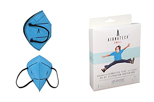 A AIRNATECH Mascarilla Higiénica Plus Azul Pitufo Talla S - Protección Bidireccional - 5 Unidades - Fabricada en España - Certificada por AITEX y ensayada por AENOR - Reutilizable hasta 20 lavados