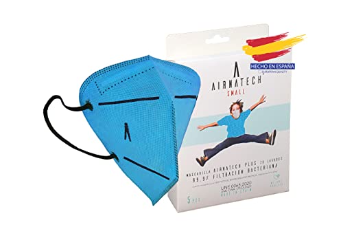 A AIRNATECH Mascarilla Higiénica Plus Azul Pitufo Talla S - Protección Bidireccional - 5 Unidades - Fabricada en España - Certificada por AITEX y ensayada por AENOR - Reutilizable hasta 20 lavados