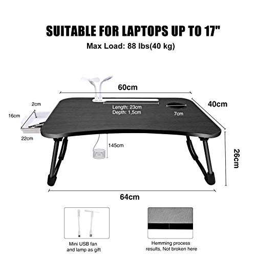 A3A ACADGQ Mesa para Portatil Cama, Mesa de Ordenador Plegable con 4 Puerto de Carga USB, Cajde de Almacenamiento, Ranura para Taza, Soporte de Pad, Adecuado para Sofa, Cama, Suelo (60x40cm, Negro)