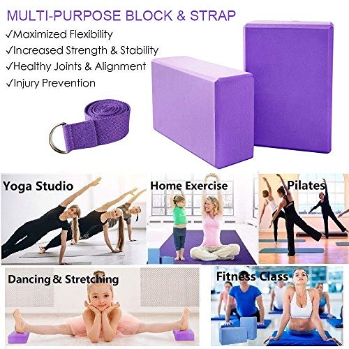 Abree 2pcs Bloques de Yoga+Correa - Bloque de Espuma EVA de Alta Densidad para Hacer Ejercicios en Casa-Set de Yoga para Mejorar Fuerza y Flexibilidad Yoga/Pilates Amantes (Azul)