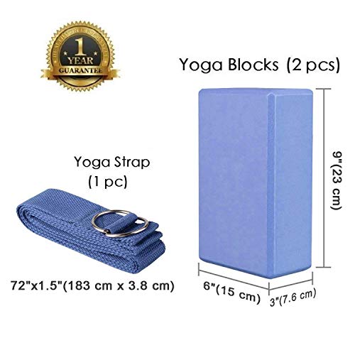 Abree 2pcs Bloques de Yoga+Correa - Bloque de Espuma EVA de Alta Densidad para Hacer Ejercicios en Casa-Set de Yoga para Mejorar Fuerza y Flexibilidad Yoga/Pilates Amantes (Azul)